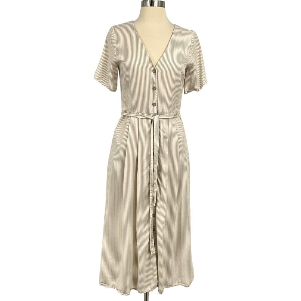 Vetta The Button Up Midi Dress Taupe Stripe Short Sleeve Buttoned Size XS Belted